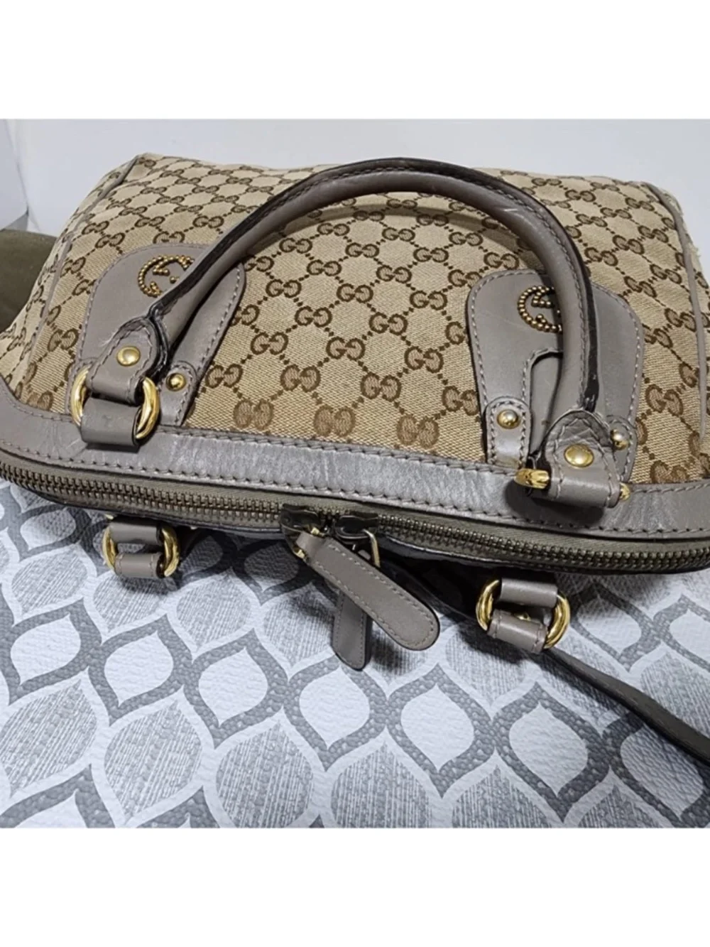 Authentic GUCCI GG Canvas Scarlett Medium Top Satchel Bag Beige/Brown
